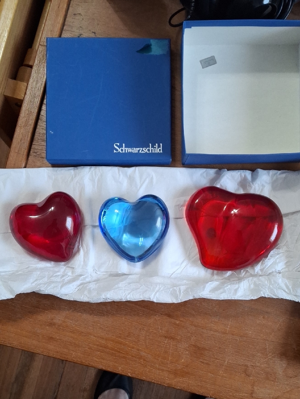 Baccarat, Tiffany & Unknown Red and Blue Heart Glass Trio, One Signed